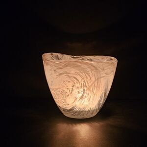 Recycled Art Glass Bowl White Swirl Votive Holder Thick Glass 3.25"×3.75" EUC